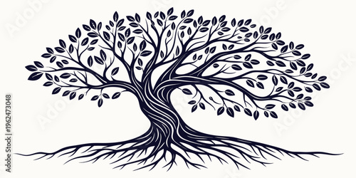 An intricate drawing of a large tree with a thick trunk and sprawling branches