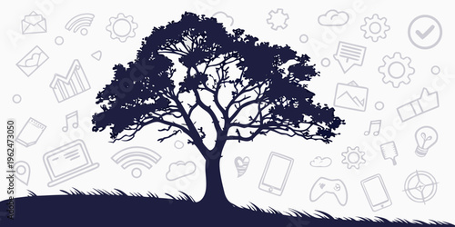 A majestic tree standing tall with a clear sky and intricate patterns in the background