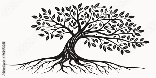 A majestic tree with sprawling branches and deep roots symbolizing growth and stability