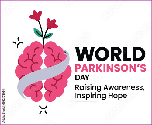 World parkinsons day awareness illustration with a brain icon, flowers, and a ribbon