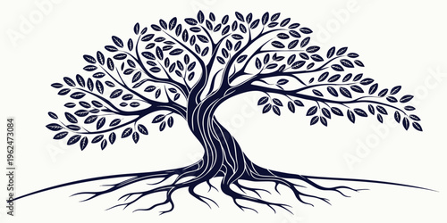 A majestic tree with sprawling branches and deep roots symbolizing growth and strength