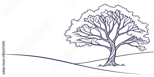 A majestic tree standing alone on a gentle hillside with a clear sky