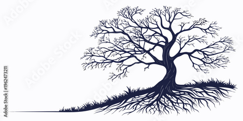 A majestic tree standing tall on a grassy hillside with a clear sky in the background