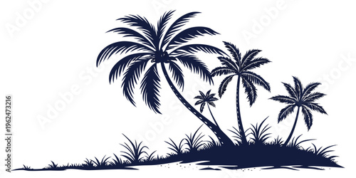 Silhouette of three palm trees against a sunset on a tropical island