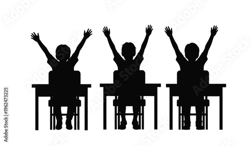 Three students in classroom setting raising hands in unison silhouette