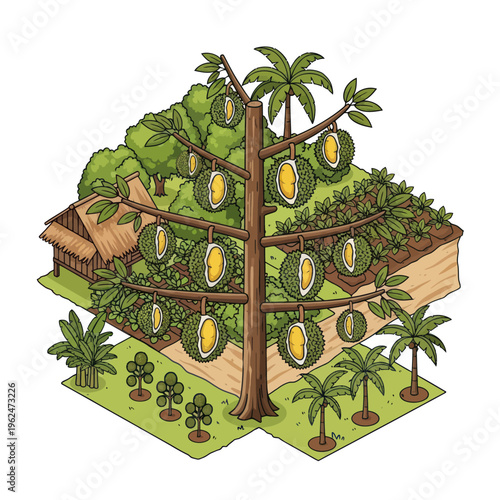 Durian tree with ripe durian fruits on branches.