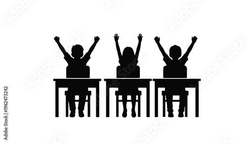 Three people sitting at desks with their hands raised in a silhouette