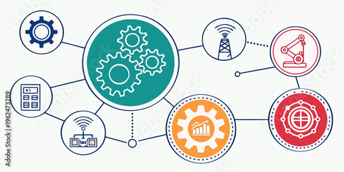 Illustration of interconnected gears and symbols representing various aspects of business and industry.