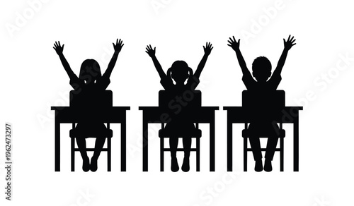 Three students in classroom silhouette with raised hands