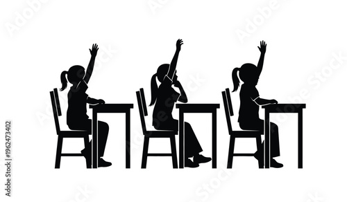 Silhouette of three students sitting at desks with hands raised in a classroom setting with white background