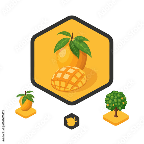 Isometric Mango Fruit and Tree Icon Set.