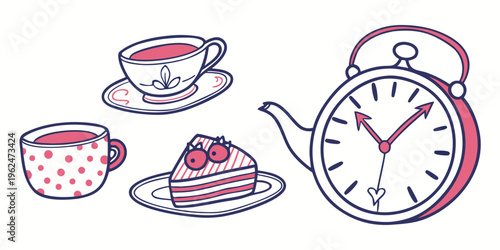 Afternoon tea set with cake, cups, and a teapot next to a clock.