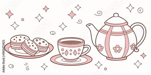 A delightful tea party setup with a teapot, cups, and assorted pastries.