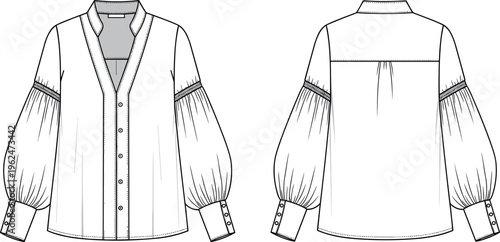 Women's Fashion Technical Sketch of a V-Neck Bishop Sleeve Blouse with Smocked Details Button Down Front and Back View CAD