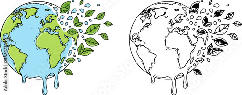 Global warming concept with melting earth and flying leaves, environmental climate change vector illustration, eco friendly planet earth icons