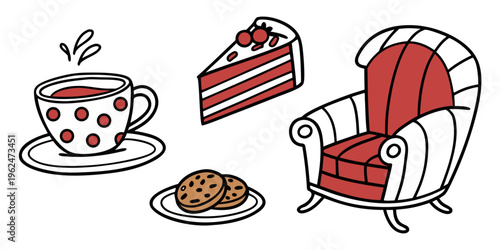 A cozy scene with a cup of coffee, a slice of cake, a cookie, and a red armchair
