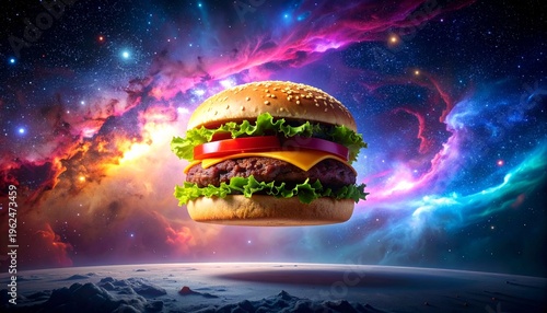 Hamburger floating in colorful galaxy space.
