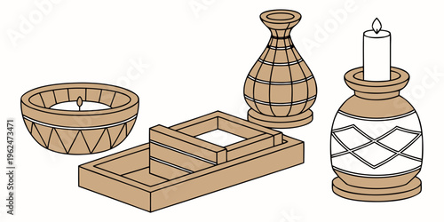 Assorted wooden and woven household items displayed on a white background