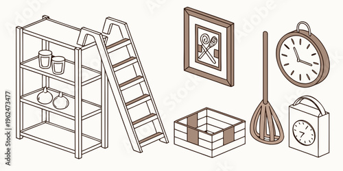 A variety of items including a ladder, clock, and picture frame