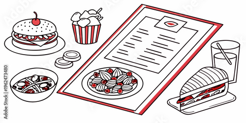 A delightful assortment of desserts and a menu on a red tablecloth