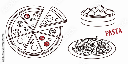 Assorted italian dishes including pizza, lasagna, and pasta on a table.