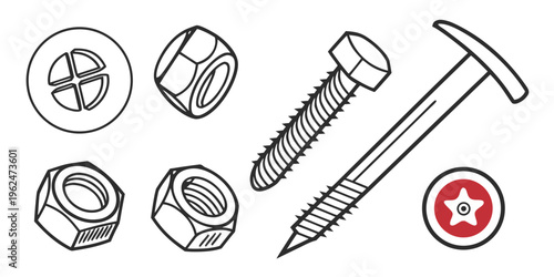 Assorted hardware fasteners and tools for construction and repair