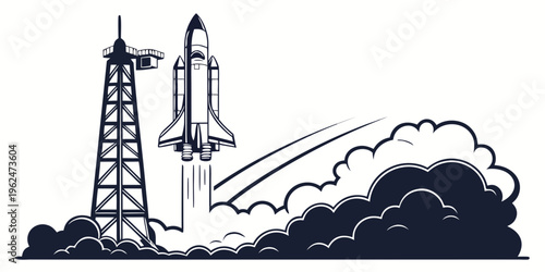 A majestic space shuttle launching from a towering platform into the cloudy sky.