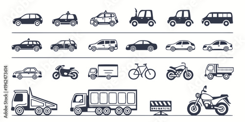 A diverse collection of vehicles and transportation modes in a single illustration