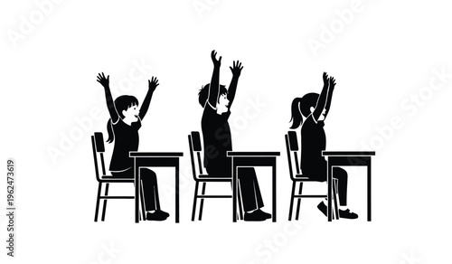 Silhouette of three students raising their hands in a classroom setting with desks and chairs