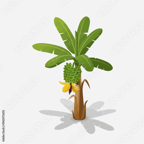 Vibrant Cartoon Banana Tree with Green Leaves and Ripe Yellow Fruit.