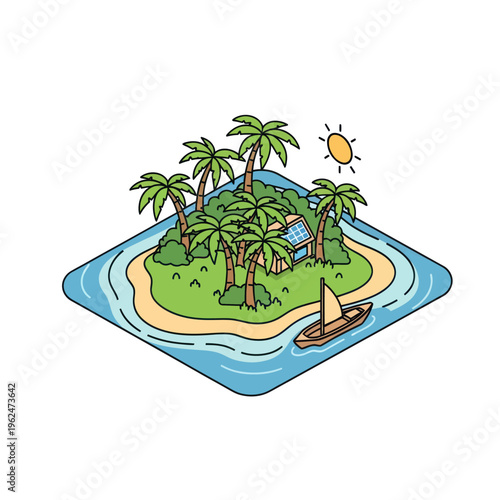 Tropical Island Paradise with Palm Trees and Sailboat.