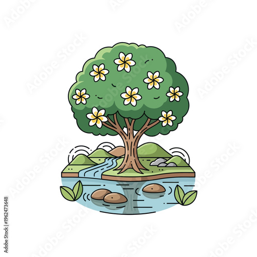 Vibrant Blooming Tree by a Serene River Landscape.