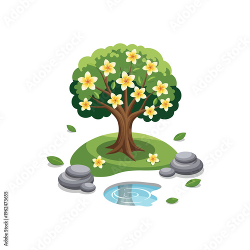 Vibrant Cartoon Tree with Yellow Flowers and Pond.