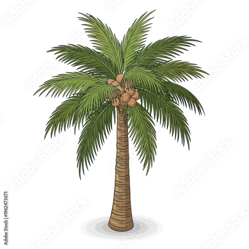 Vibrant Green Palm Tree with Coconuts Isolated on White Background.