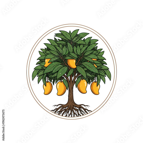 Vibrant Mango Tree with Ripe Fruits and Exposed Roots in a Circular Frame.