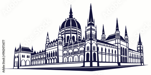 Intricate architectural drawing of a grand historic building with multiple spires
