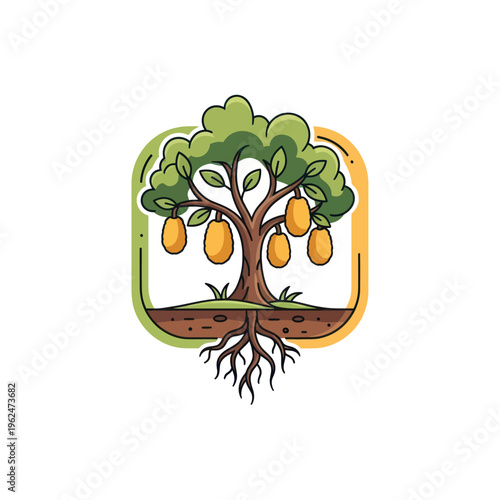 Vibrant Jackfruit Tree with Roots and Fruits Illustration.