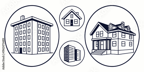 Illustration of various types of houses and buildings.