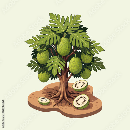 Vibrant Papaya Tree with Ripe Green Fruits and Sliced Kiwi.