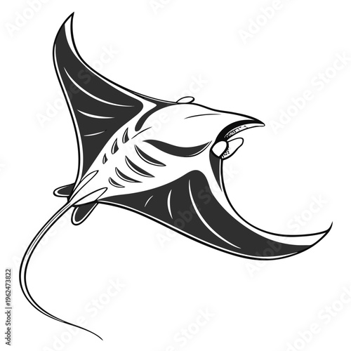 Minimalist black manta ray vector illustration on white background for design