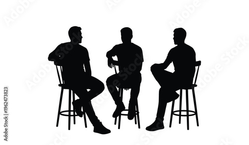 Three silhouetted men sitting on high chairs in a row looking relaxed and casual