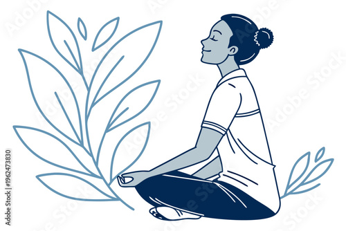 Woman meditating with floating leaves in serene mindfulness illustration