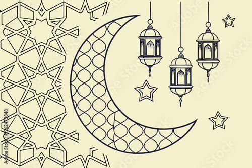 Minimalist crescent moon with hanging lanterns and geometric stars line art illustration
