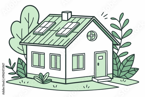 Modern eco-friendly house with solar panels and lush greenery illustration