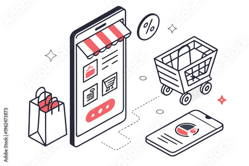 Online shopping and e-commerce concept with mobile app and delivery icons flat vector illustration