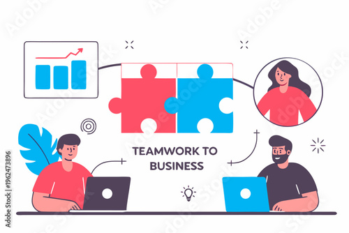 Teamwork and collaboration concept with puzzle pieces and business professionals working together