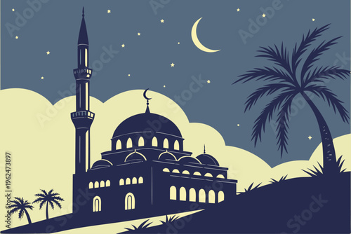 Islamic mosque silhouette with crescent moon and palm trees at night sky