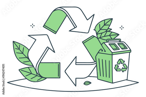 Eco-friendly recycling bin with leaves and arrows in flat vector design