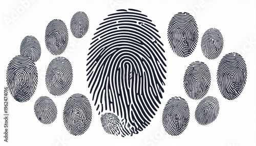 Fingerprint concept with multiple textured gray stamps surrounding a central black and white line art fingerprint.
Description.
