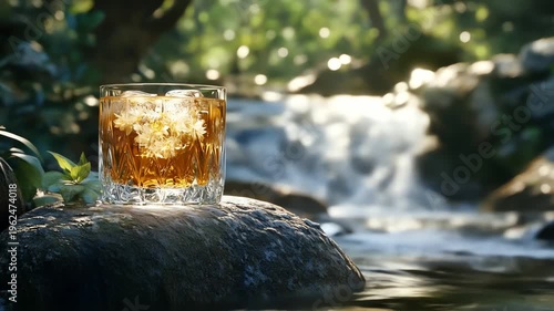 Glass of beverage with ice cubes near a waterfall in daylight scene